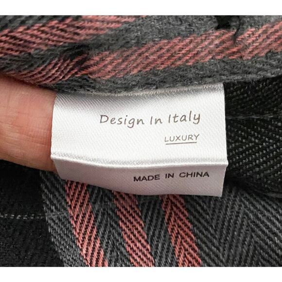 Design In Italy Luxury Women's Plaid Flannel Pink Gray Button Up Roll Tab Sleeve - Picture 10 of 12